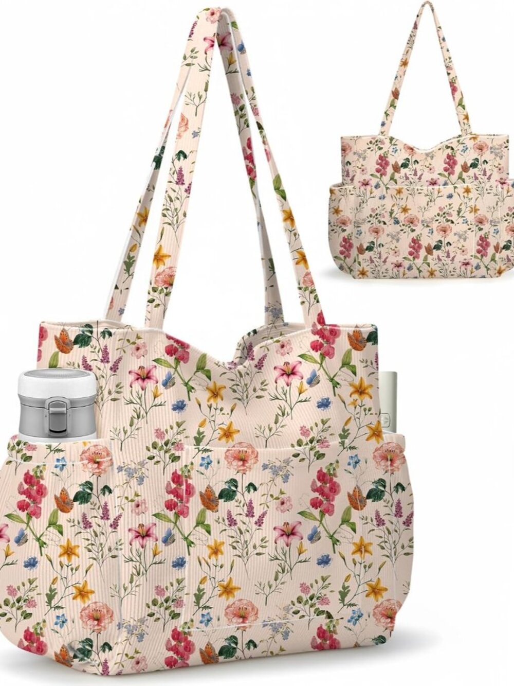 Corduroy Tote Bag for Women,Large Capacity Cute Tote Bags With 6 Pockets,Crossbo